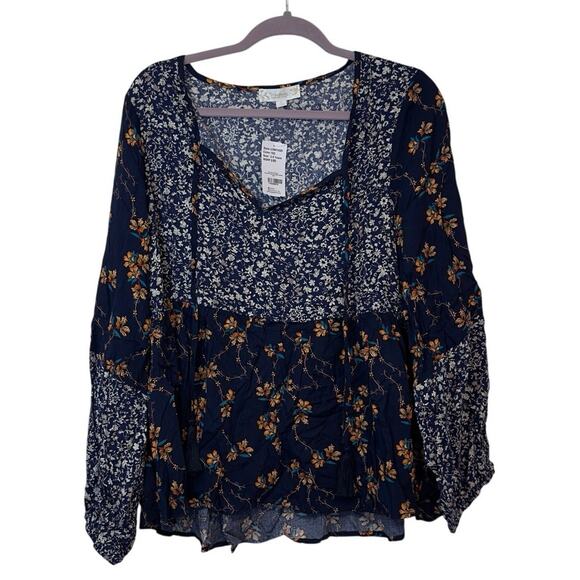 NWT Weekend Suzanne Betro Women’s Floral Tassel Blouse Size 2X Navy Blue - Picture 1 of 7